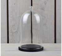 EMH Campana circolare fatta a mano in vetro trasparente con pomello e base in legno nero, 17,5 x 10 cm