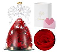 Emibele Rose Fresche con Statuetta d'Angelo in Vetro, Fiore di Rosa Eterna con Luci LED, Regalo per Donne/Mamma/Moglie/Nonna/Anniversario/San Valentino/Festa della Mamma, Rossa