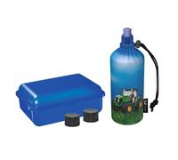 Emil Borraccia in vetro con contenitore per il pane e chiusure di ricambio, set iniziale per la scuola, senza BPA e senza sostanze nocive, isolante, tappo per acqua, succo e latte, trattore (0,4 l)