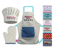Emily 1428.2002 - Set da 3 Pezzi con Cappello da Cuoco e Grembiule da Cucina + Guanto da Forno per Bambini, 100% Cotone, Kitchen Star, Small [3-6 Jahre]