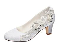 Emily Bridal Scarpe da sposa da donna in seta come raso tacco grosso con cuciture pizzo fiore cristallo perla, bianco, 39 EU