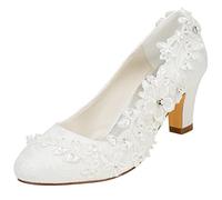 Emily Bridal Scarpe da Sposa da Donna in Seta Come Raso Tacco Grosso con Cuciture Pizzo Fiore Cristallo Perla, Avorio, 41.5 EU