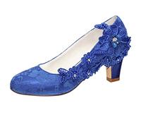 Emily Bridal Scarpe da Sposa Donna Raso di Seta Come Tacco Spesso Stiletto con Pizzo Fiore Cristallo Perla (EU42, Blu)