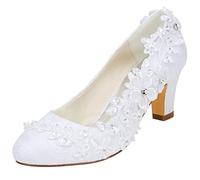 Emily Bridal Scarpe da Sposa Donna Raso di Seta Come Tacco Spesso Stiletto con Pizzo Fiore Cristallo Perla (EU37, Bianco)