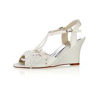 Emily Bridal Scarpe da Sposa in Pizzo Avorio Peep Toe Fiori Dettaglio Scarpe con Zeppa Cinturino alla Caviglia Scarpe da Sposa (EU39, Avorio)