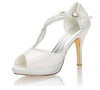 Emily Bridal Scarpe da Sposa Scarpe da Sposa con Tacco Alto Tipo T in Raso con Punta Aperta e Strass (EU35, Avorio)