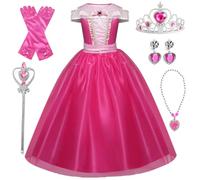 Emin Bambina Vestito da Principessa Aurora Costume da Bella Addormentata con Accessori Corona Bacchetta Halloween Carnevale Cosplay Compleanno Natale Festa Fantasia Vestito Ragazza Rosa, 100