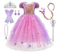 Emin Bambina Vestito da Principessa Rapunzel con Accessori e Trecce Principessa Rapunzel Costume Halloween Carnevale Cosplay Compleanno Natale Festa Fantasia Vestito Ragazza Viola, 150