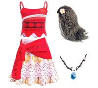 Emin Ragazza Vestito da Principessa Vaiana con Accessori Collane e Parrucca Principessa Vaiana Costume Halloween Carnevale Cosplay Compleanno Natale Festa Vestito Fantasia