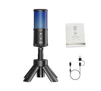 Eminchu Microfono a Condensatore USB, qualità Audio da Studio Professionale 48kHz 24bit Microfono Audio Ad Alta Risoluzione, con Riduzione del Rumore AI con Illuminazione RGB, Ideale per lo Streaming