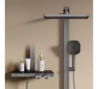 EMKE Colonna Doccia Termostatica,Antracite Opaco, Flusso Regolabile, Doccia Pioggia 36x24 cm, Doccia a Mano con 4 Getti, Include Barra Doccia e Tubo, Sistema Doccia Termostatico