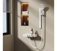 EMKE Colonna Doccia Termostatica -Bianco Opaco, Flusso dell'Acqua Regolabile, Design Minimalista Separato, Doccia a Mano 3 Funzioni, Kit Doccia per Piccoli Bagni