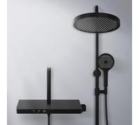 EMKE Colonna Doccia Termostatica con Ripiano in Vetro, Doccia Pioggia Extra Large da 320 mm, Soffione Doccia con 3 Tipi di Getti, Nero opaco, Altezza Regolabile 818-1068mm