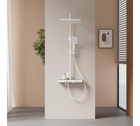EMKE Colonna doccia termostatica, doccia a pioggia e doccia manuale, altezza regolabile 816-1146 mm, bianco opaco, set doccia con ripiano in vetro, 1146 x 450 x 480 mm