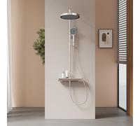 EMKE Colonna doccia termostatica, mensola 40 x 15 cm, set doccia con soffione, 3 tipi di getti, controllo intelligente della temperatura, rimozione del cloro, cromato