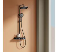 EMKE Colonna Doccia Termostatica- Nero, Regolazione Innovativa del Flusso, Doccia Effetto Pioggia 26 cm, Doccia a Mano con 3 Getti, Barra Doccia e Tubo, Sistema Doccia