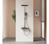 EMKE Colonna doccia thermostat, ripiani in vetro 36 x 14 cm, doccetta, 3 tipi di getto, doccia a pioggia, bocca di erogazione, montaggio a parete, certificazione KTW, grigio metallo