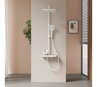 EMKE Colonna doccia thermostat, ripiani in vetro 36 x 14 cm, doccetta, 3 tipi di getto, doccia a pioggia, bocca di erogazione, montaggio a parete, certificazione KTW, bianco