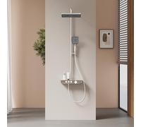 EMKE Colonna doccia thermostat, ripiani in vetro 36 x 14 cm, doccetta, 3 tipi di getto, doccia a pioggia, bocca di erogazione, montaggio a parete, certificazione KTW, cromo