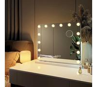 EMKE Hollywood - Specchio da trucco, 57 x 48 cm, specchio ingranditore con lampadine a LED, telaio bianco, interruttore tattile, 3 colori dimmerabile, rotazione a 360°