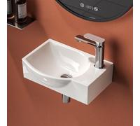 EMKE Lavabo 405 x 280 x 140 mm, lavabo piccolo, lavabo da montare, rubinetto a destra, lavabo sospeso da fissare al muro per WC ospiti e bagno, Bianco lucido