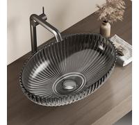 EMKE Lavabo da Appoggio in Vetro Cristallo, Ovale Nero, 51 x 35 x 15 cm - Lavabo per Bagno e WC Ospiti, Senza Foro per Rubinetto