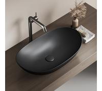 EMKE Lavabo da Appoggio Ovale 61,5 × 36 × 15,5 cm, Lavabo in Ceramica per Bagno e WC Ospiti, Mini Lavabo Compatto, Nero opaco