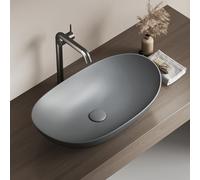 EMKE Lavabo da appoggio ovale 61,5 × 36 × 15,5 cm, Lavabo in ceramica per bagno e WC ospiti, Mini Lavabo Piccolo, Grigio Opaco