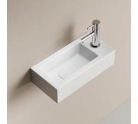 EMKE Lavabo sospeso 365 x 180 x 90 mm - Lavabo compatto ed elegante per piccoli bagni e WC ospiti - Rubinetto a destra, installazione a parete, bianco lucido