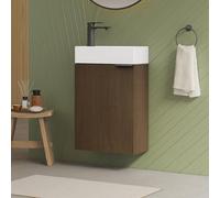 EMKE Lavandino con base 41 cm, set lavabo compatto con vasca in ceramica per WC ospiti e piccolo bagno, lavabo con mobiletto, rovere affumicato (con rubinetto)