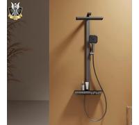 EMKE Sistema doccia con termostato, antracite opaco, flusso regolabile, doccia a pioggia, 36 x 24 cm, doccetta a 4 getti inclusi asta doccia e tubo