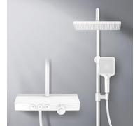 EMKE Sistema doccia con termostato, certificazione KTW, set doccia, 45 cm, piastra termostatica, set di colonne, doccetta 3 tipi di getto, doccia a pioggia con rubinetto, bianco opaco