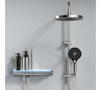 EMKE Sistema doccia con termostato cromato, sistema doccia a pioggia con illuminazione a LED, 3 tipi di getto, doccetta + doccia a pioggia con rubinetto + rubinetto vicino al pavimento, facile