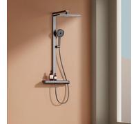 EMKE Sistema doccia con termostato KTW, 36 x 24 cm, doccia a pioggia con rubinetto, set completo con ripiano in vetro da 40 cm, doccetta in ABS, 3 tipi di getto, set doccia con tubo in PVC, antracite