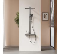 EMKE Sistema Doccia con Termostato - Soffione a Pioggia 36 x 24 cm con Miscelatore, Set Doccia Completo con Mensola in Vetro da 40 cm & Doccetta (4 Getti), Antracite Opaca