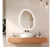 EMKE Specchio Bagno Asimmetrico, 65 x 45 cm, Anti-appannamento, Interruttore Touch, Specchio Bagno con Illuminazione, 3 Colori Luce Dimmerabili, Specchio LED