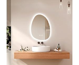 EMKE Specchio Bagno Asimmetrico, 65 x 45 cm, Anti-appannamento, Interruttore Touch, Specchio Bagno con Illuminazione, 3 Colori Luce Dimmerabili, Specchio LED