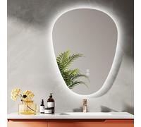 EMKE Specchio Bagno con Illuminazione, 80 x 60 cm, Specchio LED Asimmetrico, Interruttore Tocco, 3 Colori Luce Regolabili, Specchio Antinebbia