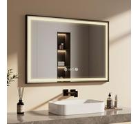 EMKE Specchio Bagno con Luce 100x70 cm, Funzione Antiappannamento e Regolazione della Luminosità, Specchio LED con Orologio, Interruttore Touch, Funzione Memoria, 4300K, Cornice Nera