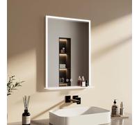 EMKE Specchio Bagno con Luce 50x70 cm, con Mensola, Specchio con Antiappannamento, Luce Bianca Fredda 6500K Dimmerabile, Touch, con Memoria,Specchio LED bagno,Facile da installare