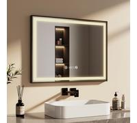EMKE Specchio Bagno con Luce 60x80 cm, Funzione Antiappannamento e Regolazione della Luminosità, Specchio LED con Orologio, Interruttore Touch, Funzione Memoria, 4300K, Cornice Nera
