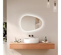 EMKE Specchio da Bagno con Illuminazione, Specchio LED Asimmetrico, Interruttore Touch, 3 Colori di Luce Regolabili, Specchio Antiappannamento, Risparmio Energetico,70 x 50 cm