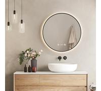 EMKE Specchio Bagno con Luce Rotondo, ø 60 cm,Cornice Nero, 4300K | Antiappannamento, Specchio Bagno LED,Visualizzazione Dell'ora e della Temperatura, Specchio da bagno,Intensità Regolabile