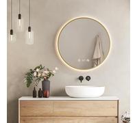 EMKE Specchio Bagno con Luce Rotondo, ø60 cm,Cornice Oro, Antiappannamento, Specchio Bagno LED,Visualizzazione Dell'ora e della Temperatura, 4300K, Intensità Regolabile, Specchio da bagno