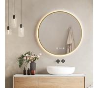 EMKE Specchio Bagno con Luce Rotondo, ø70 cm,Cornice Oro, Antiappannamento, Specchio Bagno LED,Visualizzazione Dell'ora e della Temperatura, 4300K, Intensità Regolabile, Specchio da bagno