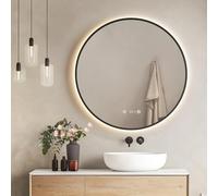 EMKE Specchio Bagno con Luce Rotondo, ø80 cm,Cornice Nero, Antiappannamento, Specchio Bagno LED,Visualizzazione Dell'ora e della Temperatura, 4300K, Intensità Regolabile, Specchio da bagno