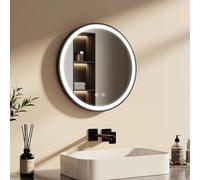 EMKE Specchio bagno rotondo 50 cm, specchio rotondo con interruttore tattile e funzione antiappannamento, luce bianca 6500K,specchio tondo bagno cornice nera e tracolla regolabile