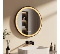 EMKE Specchio bagno rotondo 60 cm, specchio rotondo con interruttore tattile e funzione antiappannamento,3 colori di luce,specchio tondo bagno cornice nera e tracolla regolabile