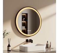 EMKE Specchio Bagno Rotondo 70 cm con Interruttore Tattile, Funzione Antiappannamento e 3 Colori di Luce, Specchio Tondo Bagno con Cornice Nera e Tracolla Regolabile