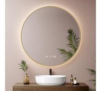 EMKE Specchio Bagno Rotondo 80 cm,Oro, Antiappannamento, Orologio, Temperatura, Specchio Bagno con Luce 4300K, Spegnimento Automatico 3 h, Memoria, IP65,Specchio LED